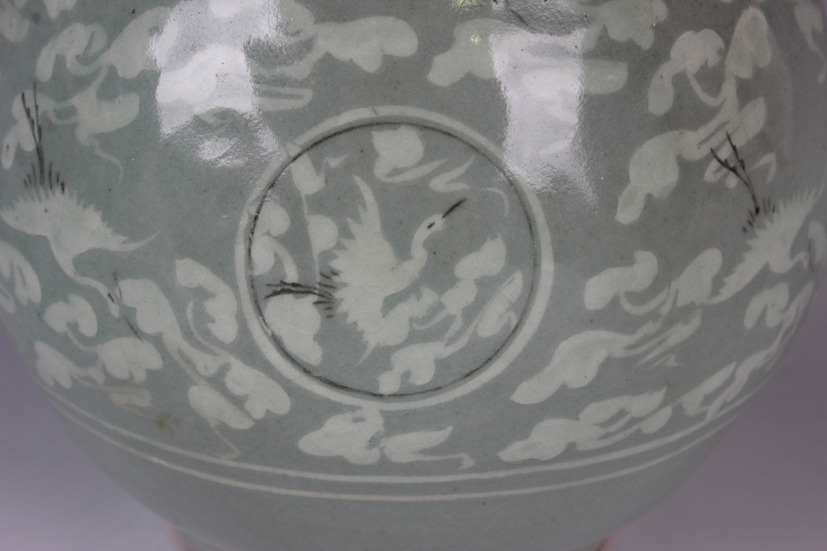 A Korean inlaid celadon vase, probably late Joseon dynasty, the pear shaped body decorated with - Image 6 of 7