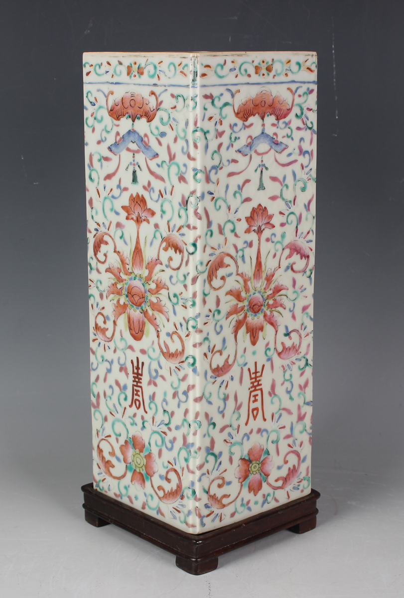 A Chinese famille rose porcelain vase, late Qing dynasty, of square section, each side painted