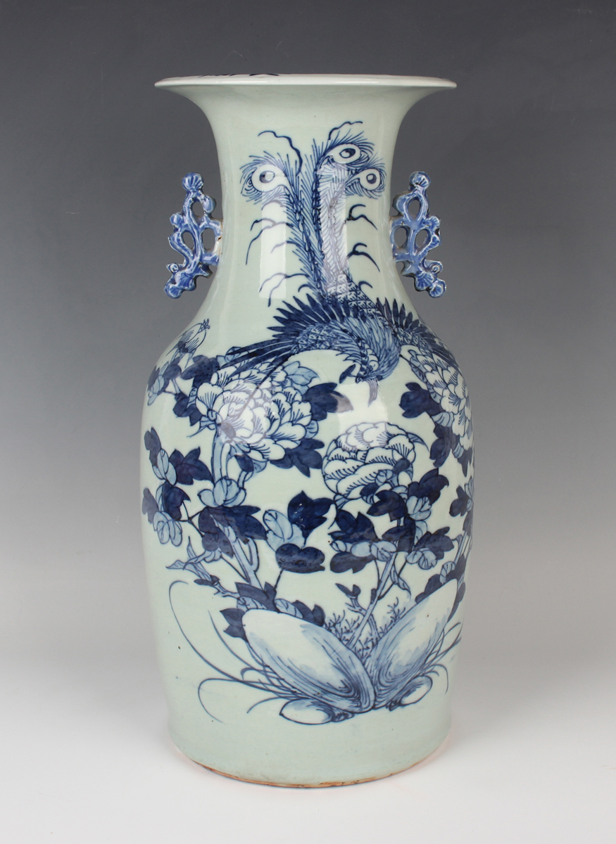 A Chinese blue and white celadon ground porcelain vase, late Qing dynasty, of shouldered tapering