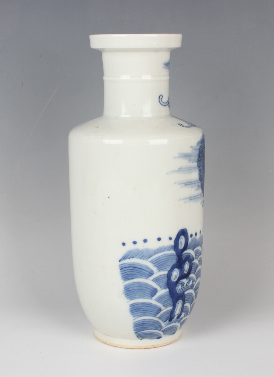 A Chinese blue and white porcelain rouleau vase, probably 20th century, the body painted to one side - Image 5 of 7