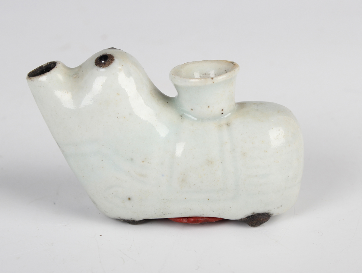 A group of four Chinese porcelain zoomorphic water droppers, Qing dynasty, including a blue and - Image 6 of 12