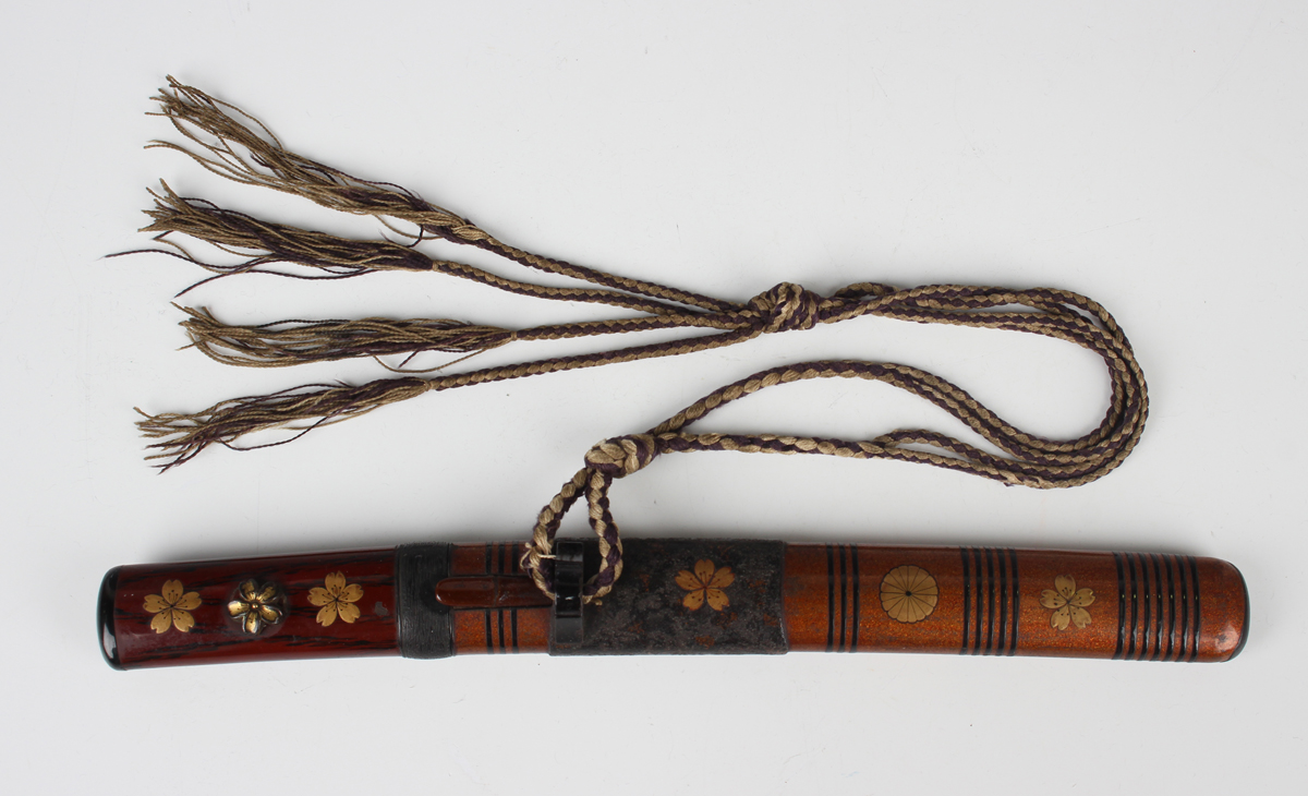 A Japanese lacquer tanto and saya (dagger and scabbard), Meiji period, with copper mounts, decorated