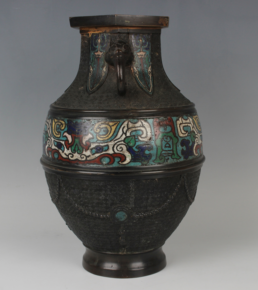 A Japanese brown patinated bronze and champlevé enamel vase, Meiji period, of Chinese archaistic - Image 5 of 5