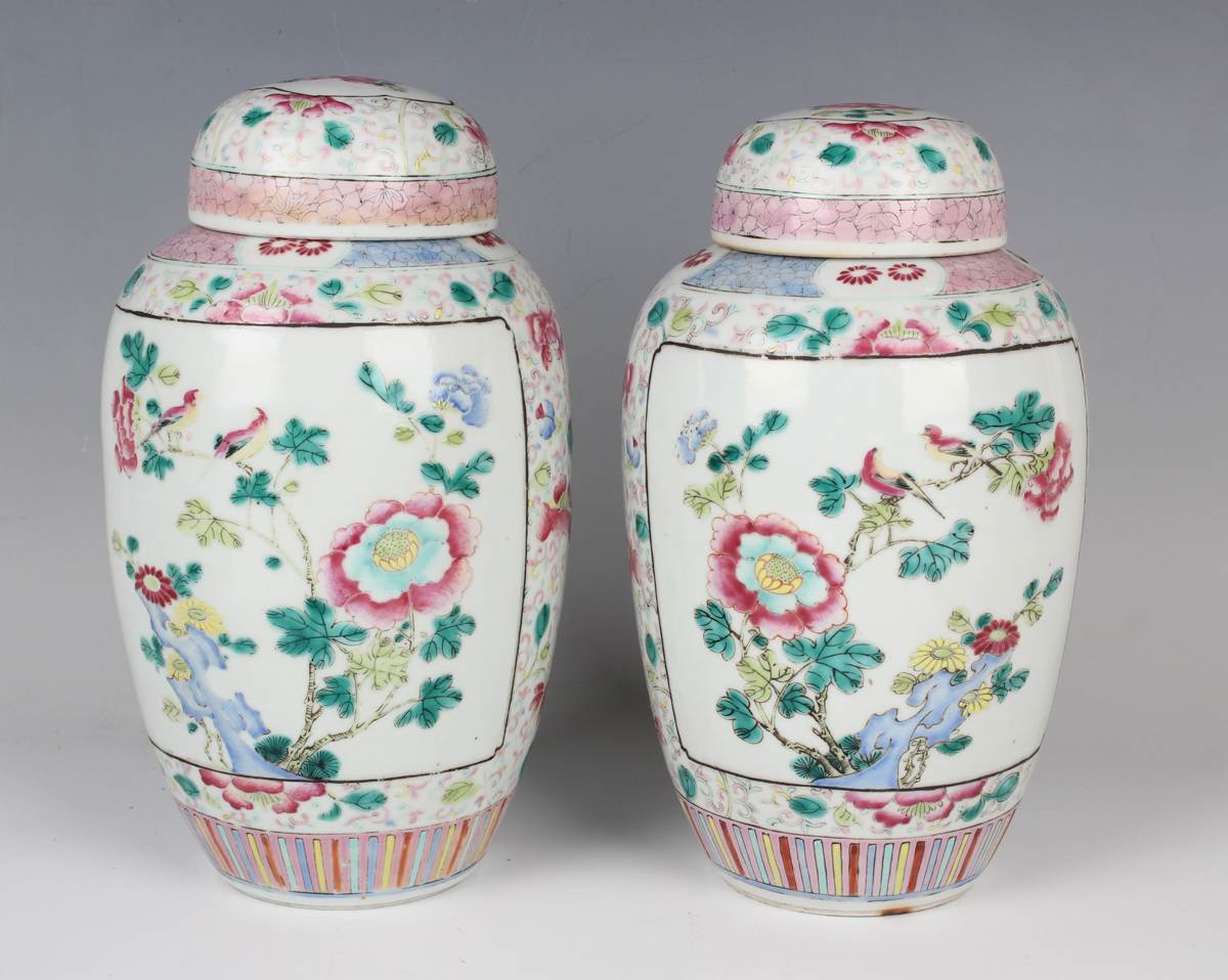 A pair of Chinese famille rose porcelain jars and domed covers, late Qing dynasty, each elongated - Image 11 of 12