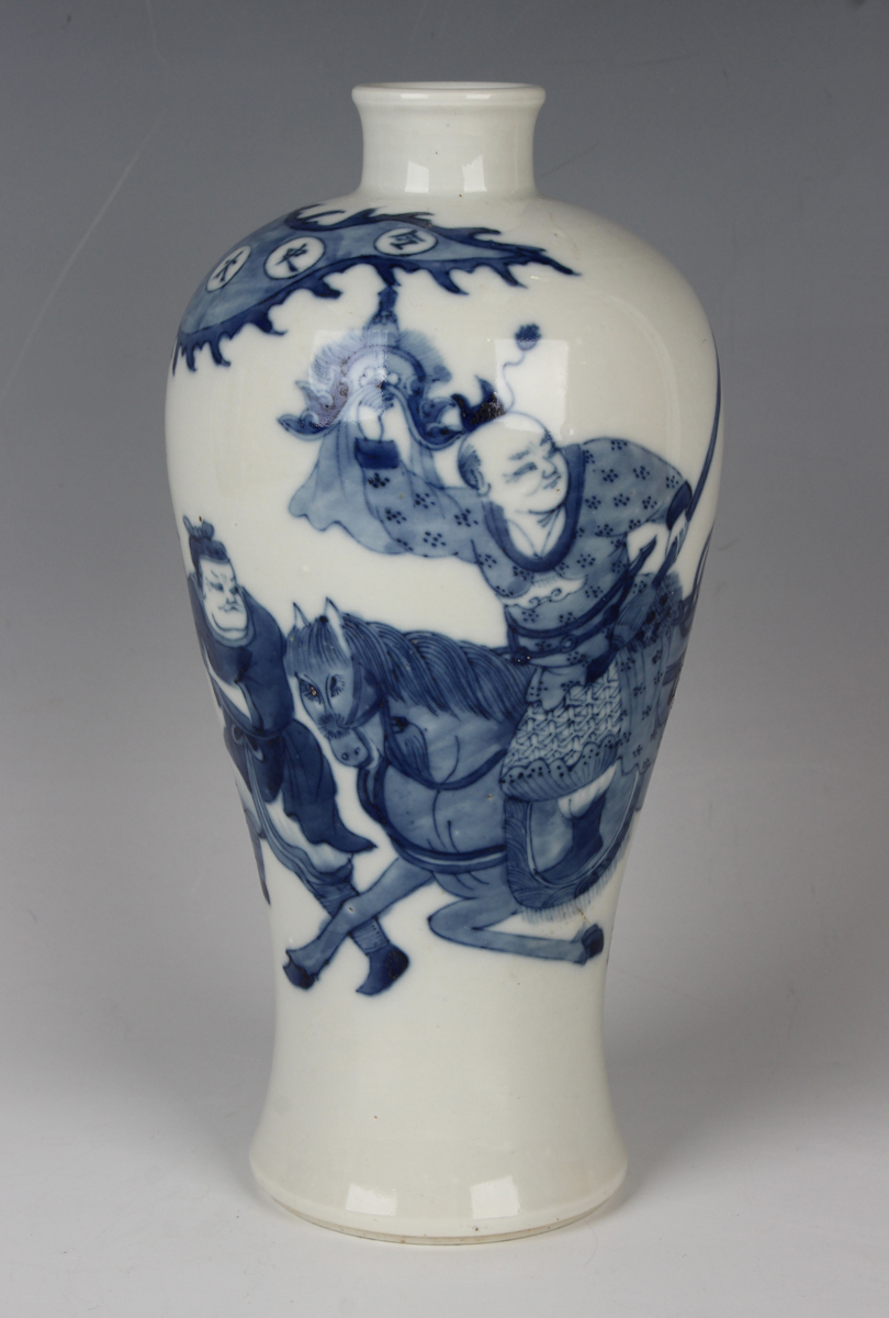 A Chinese blue and white porcelain meiping, probably 20th century, the baluster body painted with