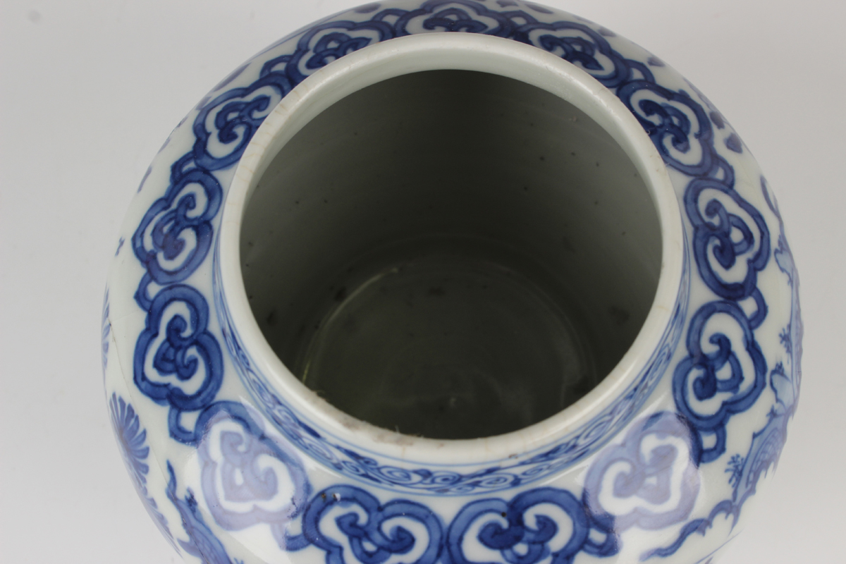 A Chinese blue and white porcelain pot, mark of Wanli but probably later, of squat baluster form, - Image 3 of 15