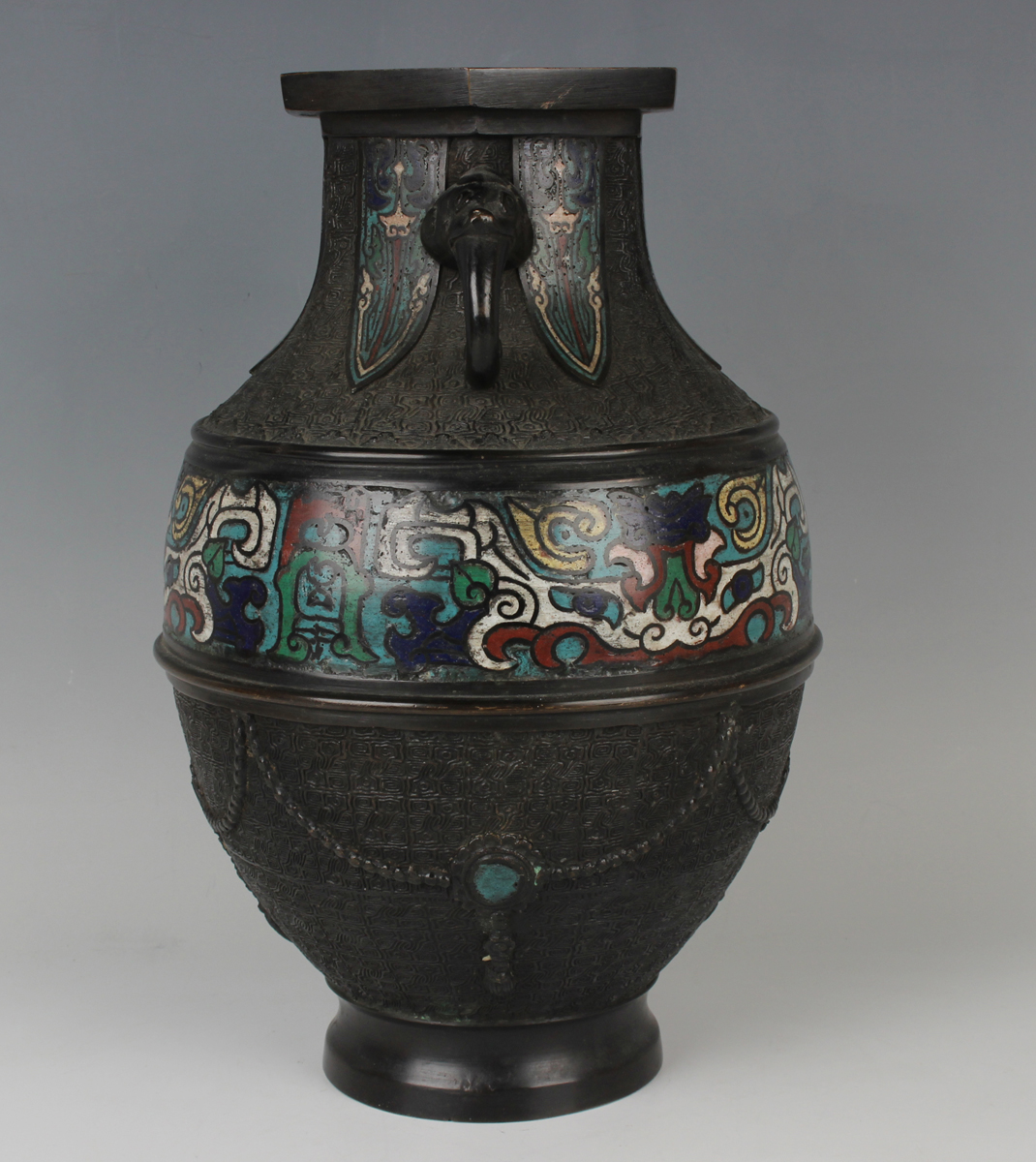 A Japanese brown patinated bronze and champlevé enamel vase, Meiji period, of Chinese archaistic - Image 4 of 5