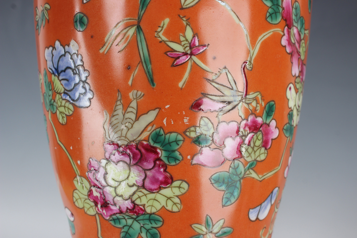 A pair of Chinese famille rose coral ground porcelain jars and covers, early 20th century, each of - Image 3 of 10