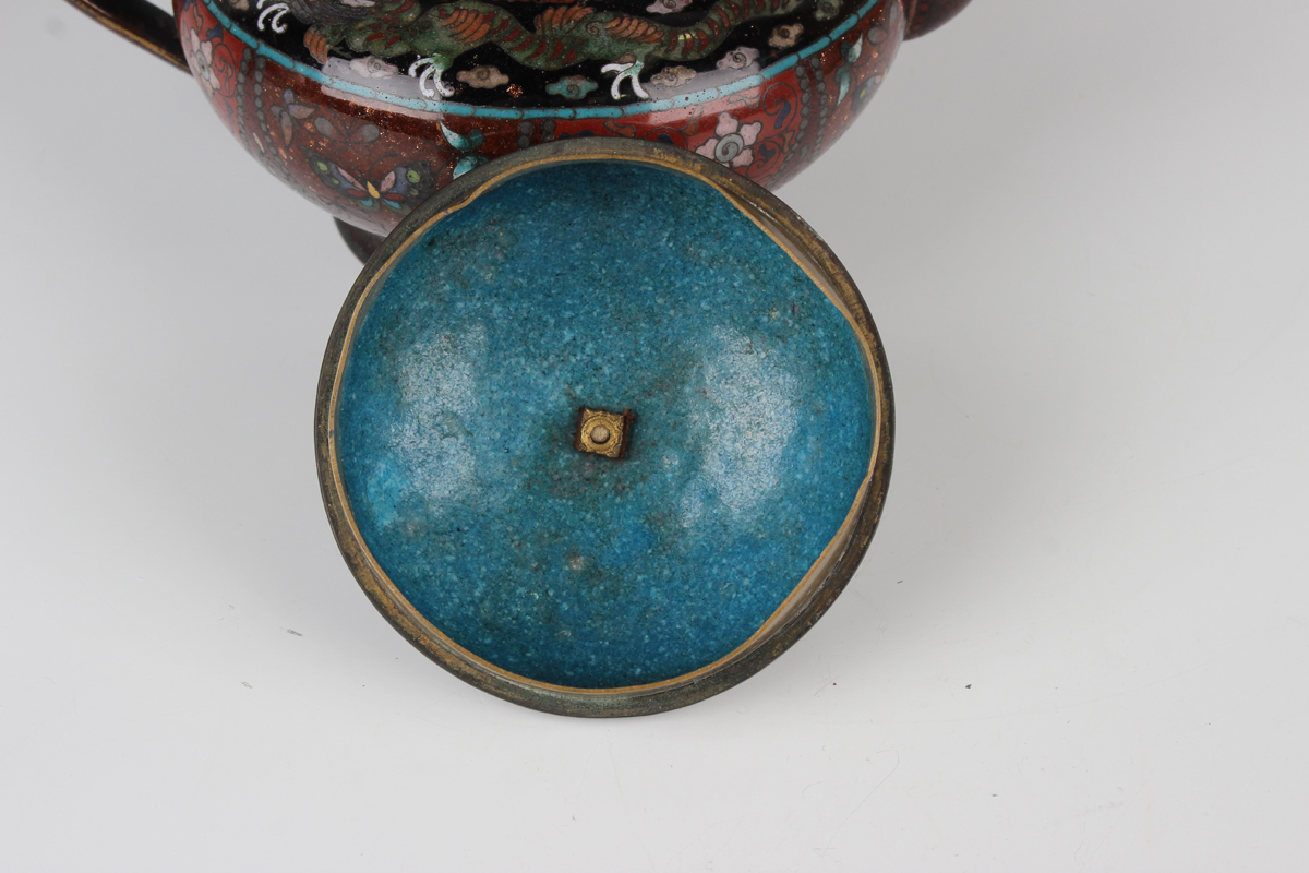 A Japanese cloisonné teapot and cover, Meiji period, of squat circular form, decorated with dragon - Image 6 of 9