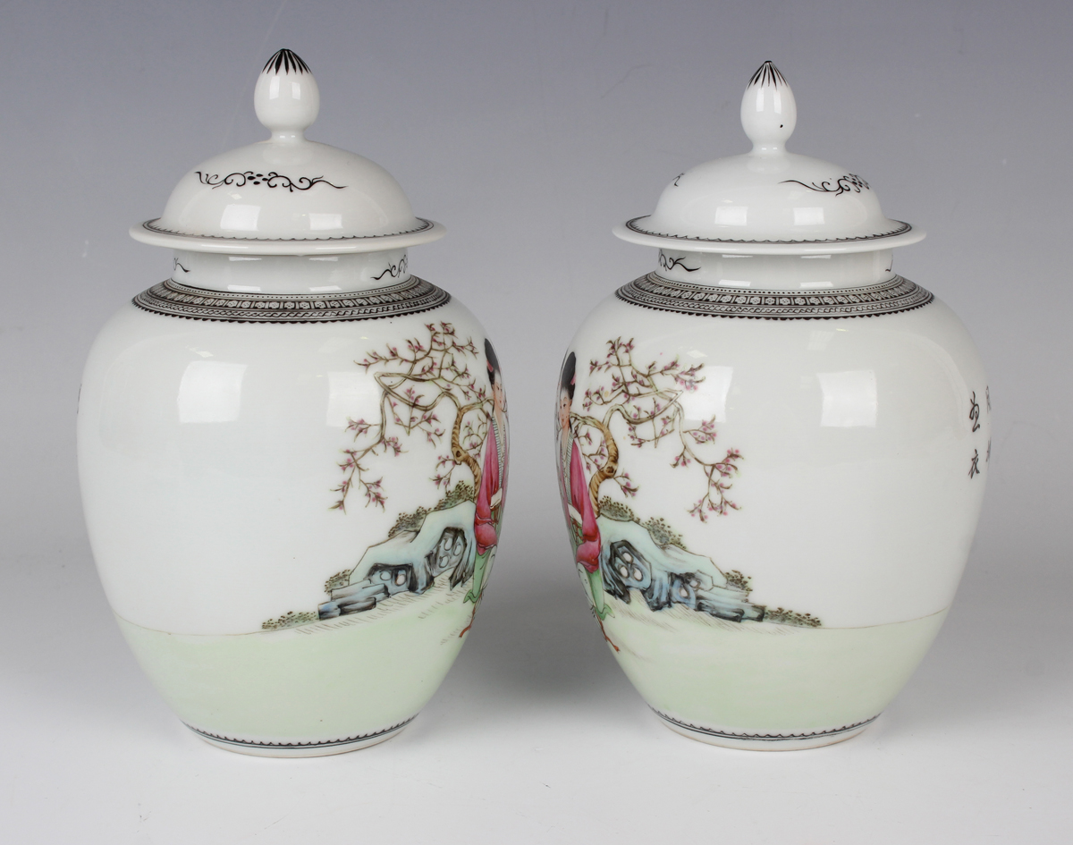 A pair of Chinese famille rose porcelain jars and covers, 20th century, each ovoid body painted with - Image 14 of 14