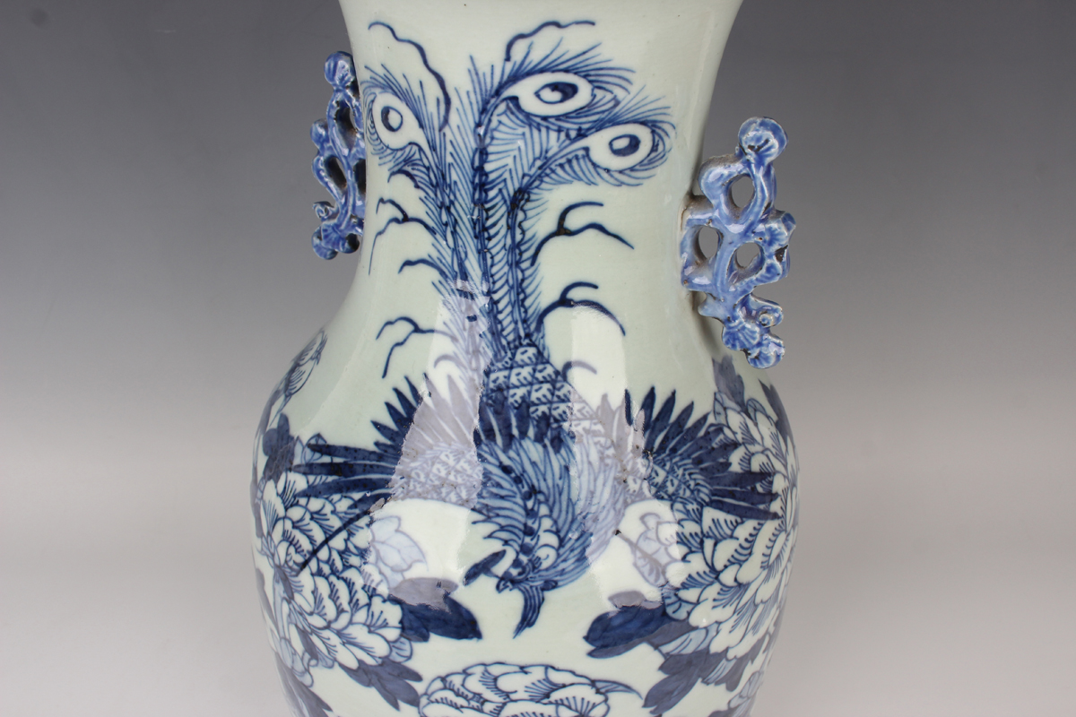 A Chinese blue and white celadon ground porcelain vase, late Qing dynasty, of shouldered tapering - Image 3 of 8