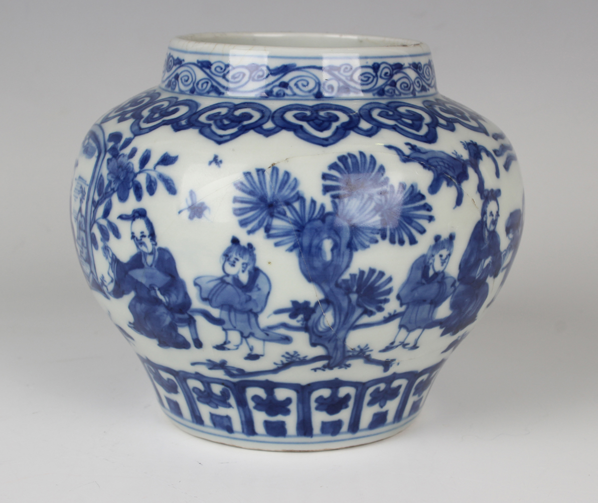 A Chinese blue and white porcelain pot, mark of Wanli but probably later, of squat baluster form, - Image 13 of 15