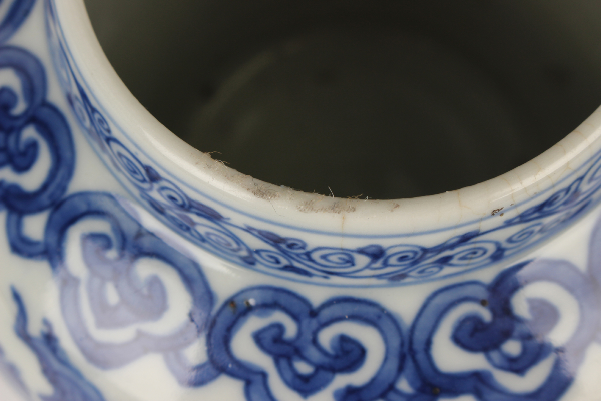 A Chinese blue and white porcelain pot, mark of Wanli but probably later, of squat baluster form, - Image 2 of 15