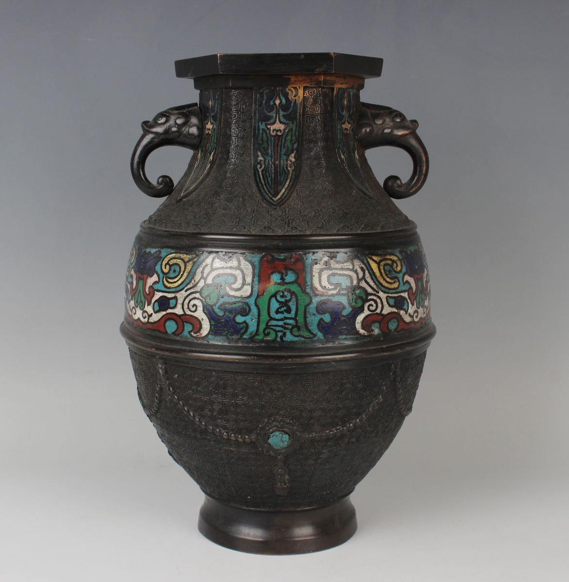 A Japanese brown patinated bronze and champlevé enamel vase, Meiji period, of Chinese archaistic