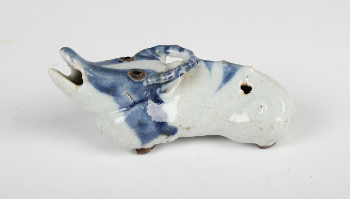 A group of four Chinese porcelain zoomorphic water droppers, Qing dynasty, including a blue and - Image 12 of 12