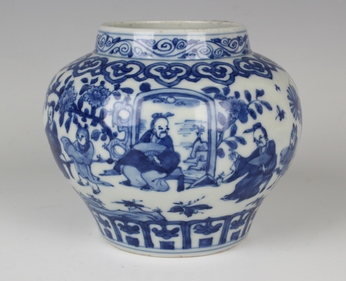 A Chinese blue and white porcelain pot, mark of Wanli but probably later, of squat baluster form, - Image 14 of 15