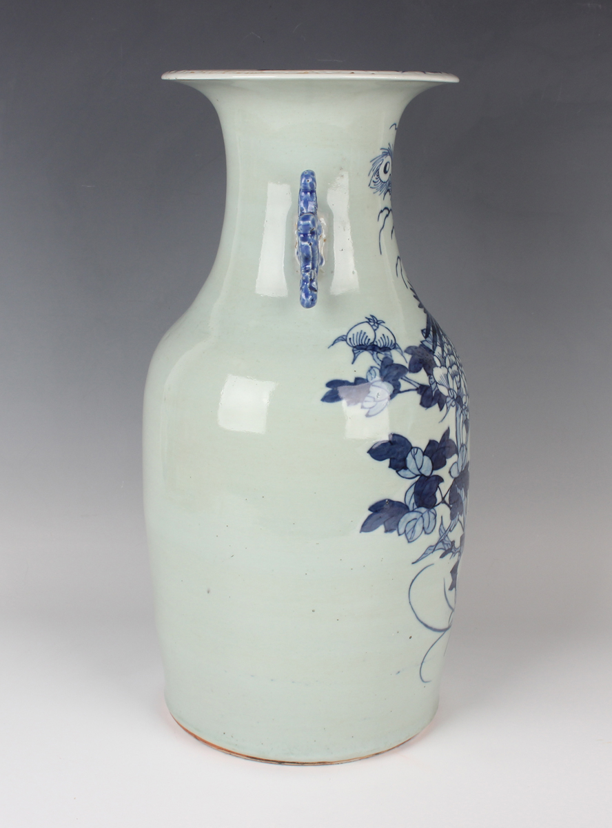 A Chinese blue and white celadon ground porcelain vase, late Qing dynasty, of shouldered tapering - Image 6 of 8