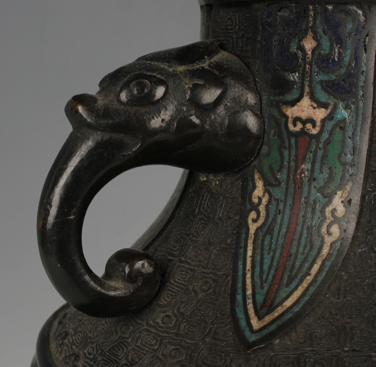A Japanese brown patinated bronze and champlevé enamel vase, Meiji period, of Chinese archaistic - Image 3 of 5