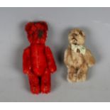 A Schuco red mohair teddy bear scent bottle with boot button eyes (lacking one eye), stitched