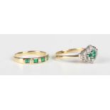 A gold, emerald and diamond ring, mounted with five square cut emeralds alternating with four