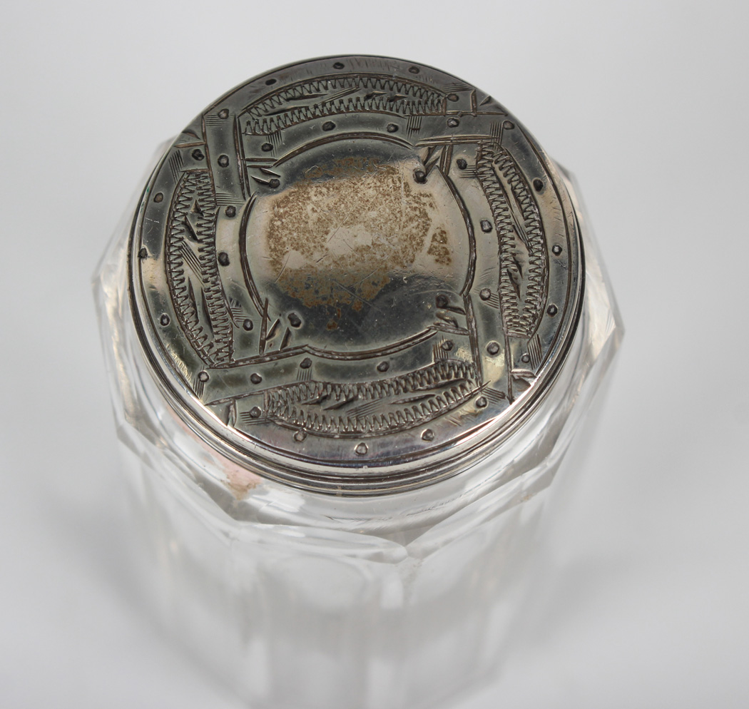 A group of cut glass dressing table bottles and jars with silver lids and collars, a .935 silver and - Image 8 of 11