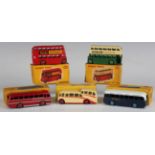 Five Dinky Toys buses and coaches, comprising No. 280 observation coach, No. 282 Duple Roadmaster