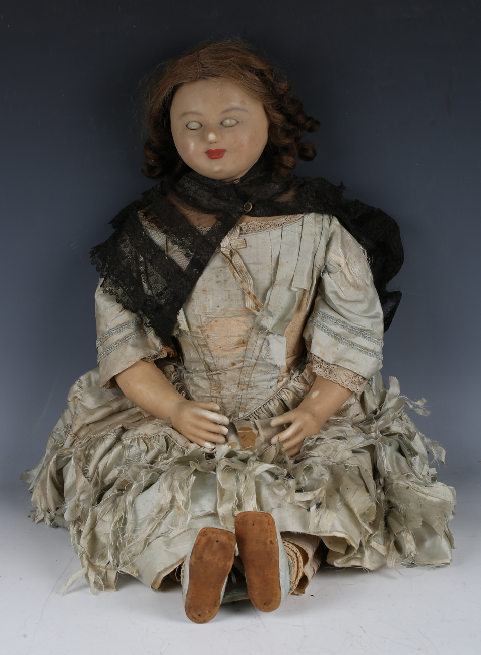 A wax-over-composition doll Louise with brown wig, actuated sleeping brown eyes, painted lips and - Image 12 of 12