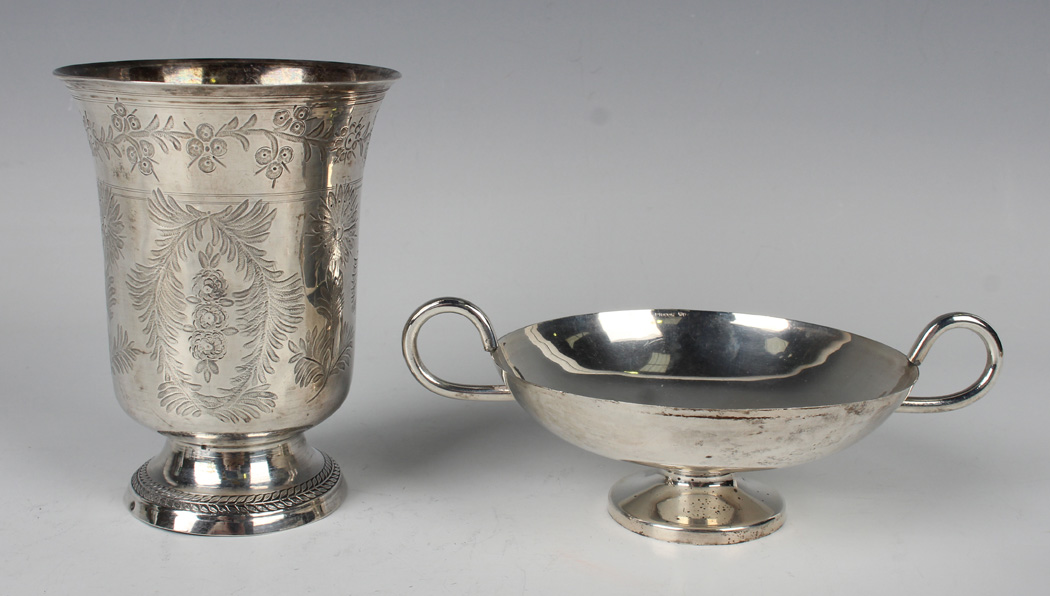 An early 19th century French silver beaker, the flared cylindrical body engraved with stems of