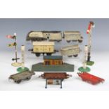 A collection of Hornby gauge O railway items, including a brake van LMS, a meat van, a No. 50 tank