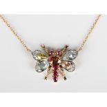 A gold and varicoloured gem set pendant necklace, the front designed as a winged insect, mounted