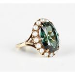 A 9ct gold, synthetic green spinel and cultured pearl oval cluster ring, London 1959, weight 6.5g,