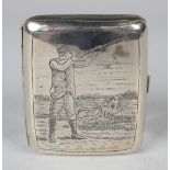 An Edwardian silver curved rectangular cigarette case, the front engraved with a scene of a