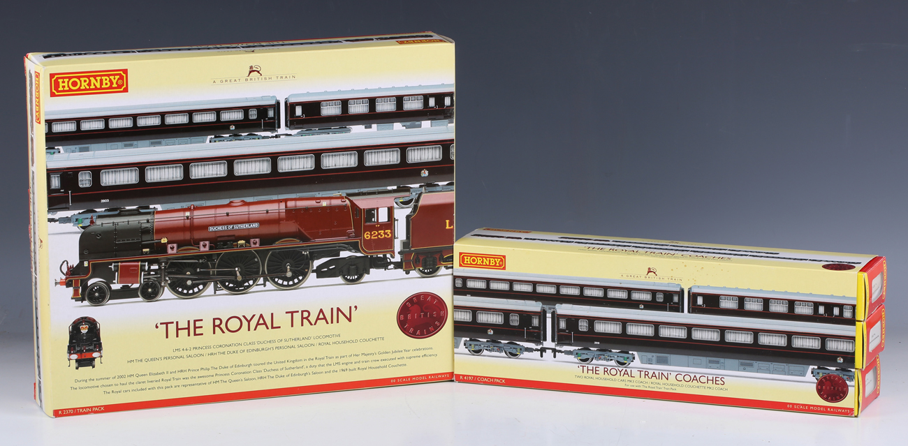 A Hornby gauge OO R.2370 The Royal Train pack and an R.4197 The Royal Train coach pack, all boxed