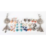 A pair of silver and turquoise three stone pendant earrings, the screw tops detailed 'SS', length