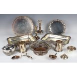 A pair of 20th century plated-on-copper candlesticks and a wine coaster with cast fruiting vine rim,