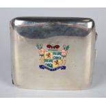 A George V silver curved rectangular cigarette case, the front enamelled with the coat of arms of