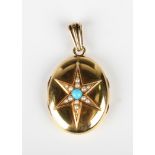 A gold, seed pearl and turquoise oval pendant locket, the front applied with a six pointed star