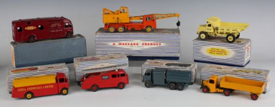 Seven Dinky Toys and Supertoys commercial vehicles, comprising No. 581 horse box, No. 555 fire