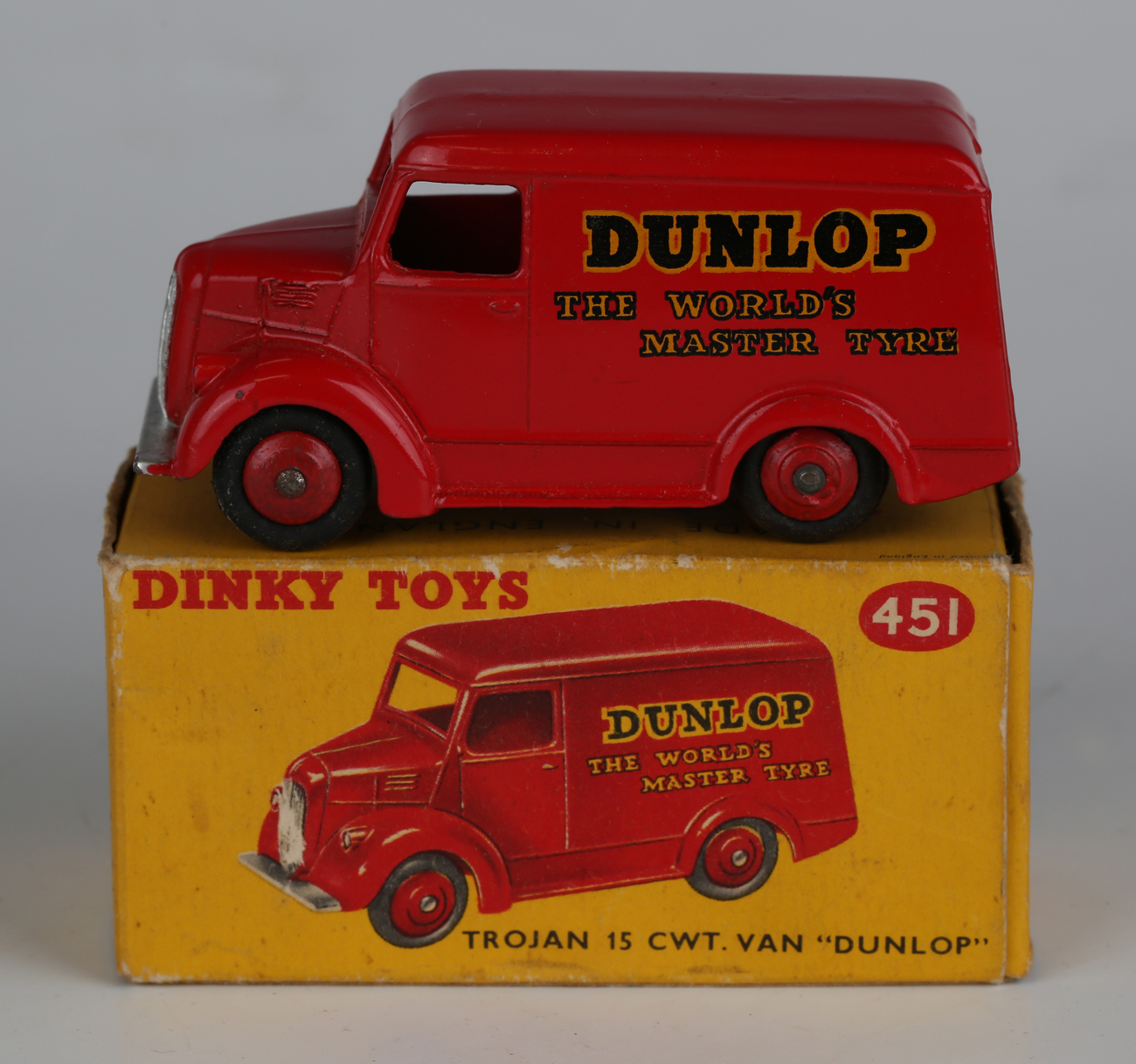 Five Dinky Toys Trojan vans, comprising No. 450 'Esso', No. 451 'Dunlop', No. 454 'Cydrax', No. - Image 4 of 7