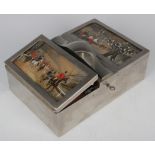 An early 20th century plated twin hinged lidded rectangular cigar box with central handle, each