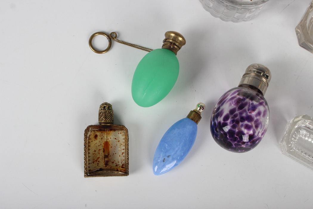 A group of cut glass dressing table bottles and jars with silver lids and collars, a .935 silver and - Image 5 of 11