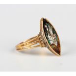 A 19th century gold and mosaic marquise shaped ring with a bird motif, unmarked, weight 3.2g, ring