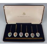 A set of six Elizabeth II Birmingham Mint silver gilt and enamel collector's spoons, each bowl