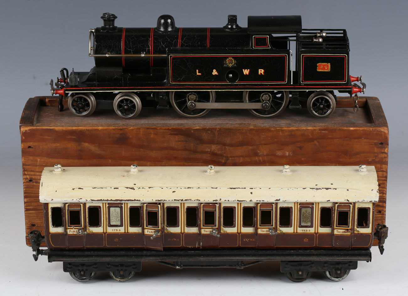 A Bing for Bassett-Lowke gauge O clockwork Precursor tank locomotive 44, L&NWR lined black (crazing,