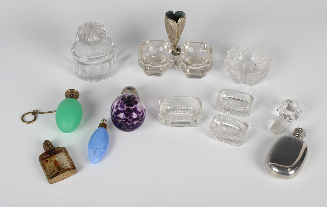 A group of cut glass dressing table bottles and jars with silver lids and collars, a .935 silver and - Image 7 of 11
