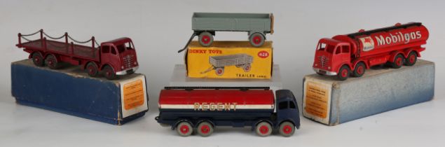 A Dinky Supertoys No. 504 Foden tanker 'Mobilgas', a No. 505 Foden flat truck with chains, maroon,