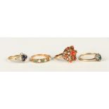 A 9ct gold and coral cluster ring, London 1973 (one coral lacking), a 9ct gold, opal and emerald