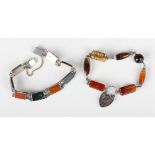 A varicoloured agate bracelet on a shield shaped padlock clasp with a thistle motif, detailed '925',