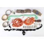 A small group of jewellery, including a Victorian varicoloured agate oval panel link bracelet,