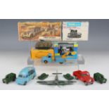 A collection of diecast vehicles, including a Spot-On Land Rover, Budgie Toys, a towing tender and